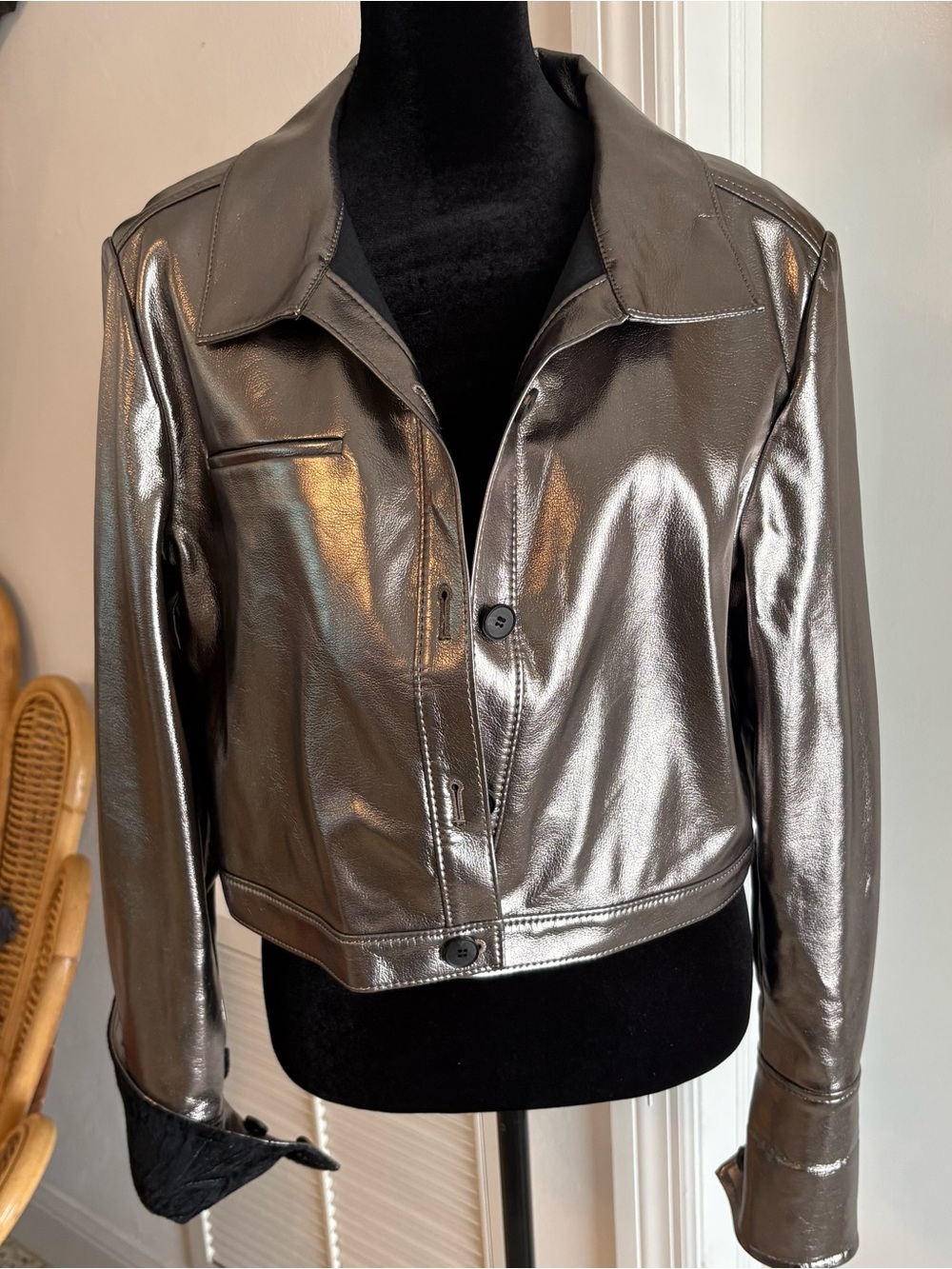 LEHHO Designer Metallic Gunmetal Cropped Jacket! Unique Fun Korean Designer. Sz